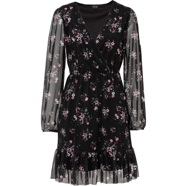 Bonprix Sukienka z siatkowego materiału z nadrukiem czarny w kwiaty