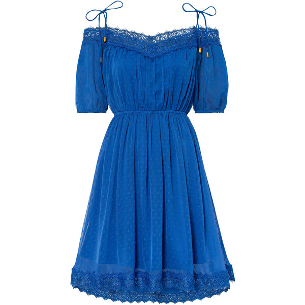 Bonprix Sukienka cold-shoulder z koronką lazurowy niebieski