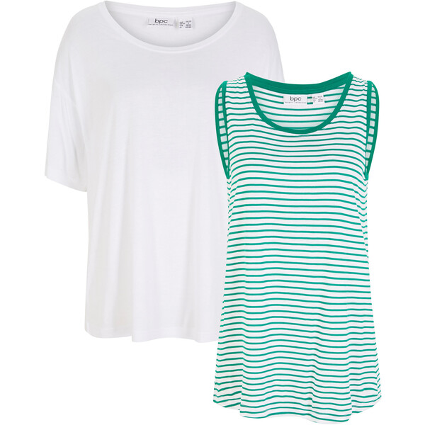 Bonprix Luźniejszy t-shirt + top w paski z wiskozy (2 części) biały + zielony miętowy - biały w paski