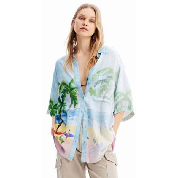 Desigual Koszula lniana oversize w tropikalny deseń 23SWCW465020