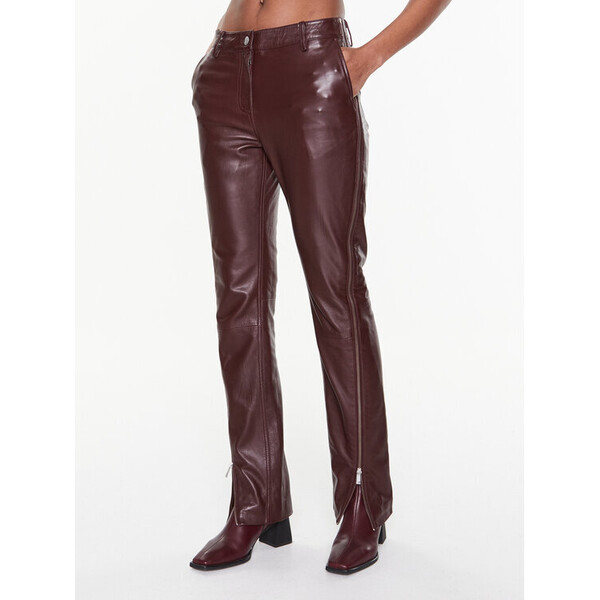 Remain Spodnie skórzane Leather Zipper RM2053 Bordowy Straight Fit