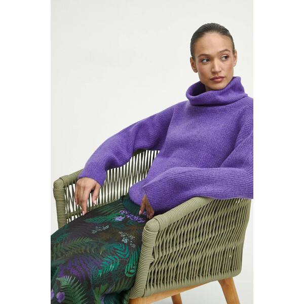 Medicine Sweter z domieszką wełny damski gładki kolor fioletowy