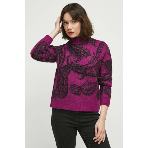 Medicine Sweter z domieszką wełny damski wzorzysty kolor fioletowy