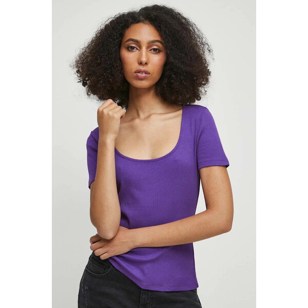 Medicine T-shirt bawełniany damski prążkowany z domieszką elastanu kolor fioletowy