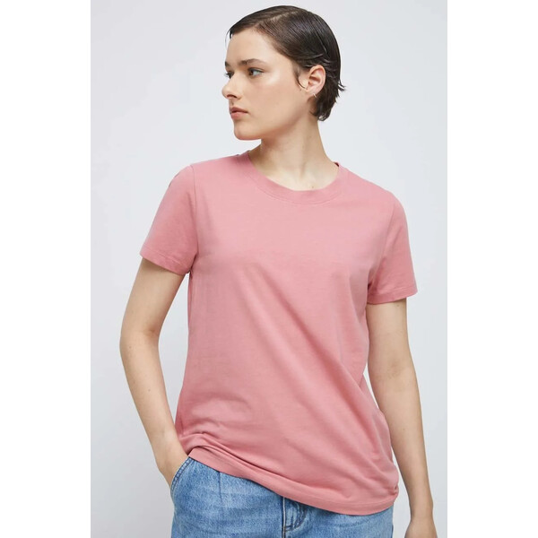 Medicine T-shirt bawełniany damski gładki z domieszką elastanu kolor różowy