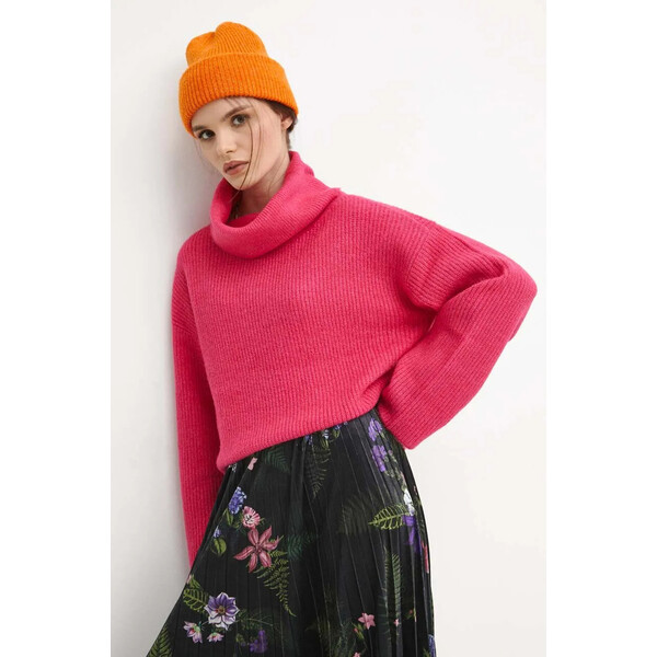 Medicine Sweter z domieszką wełny damski gładki kolor różowy