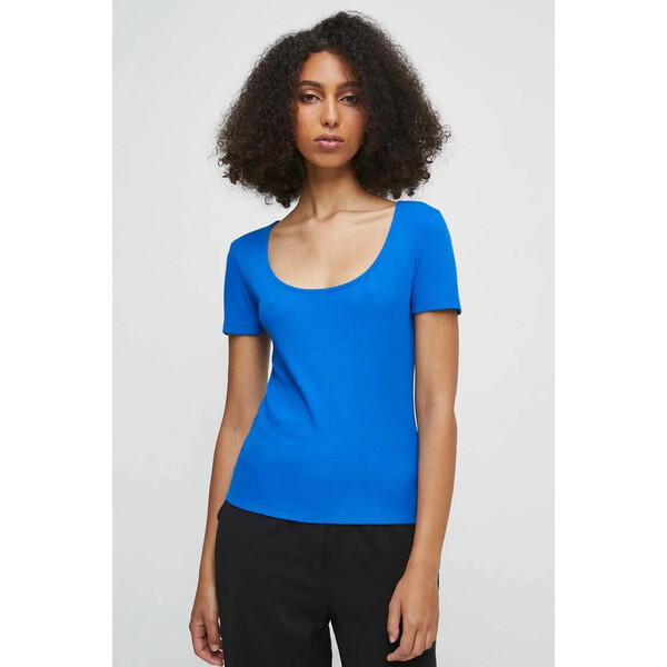 Medicine T-shirt bawełniany damski prążkowany z domieszką elastanu kolor niebieski