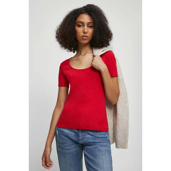 Medicine T-shirt bawełniany damski prążkowany z domieszką elastanu kolor czerwony