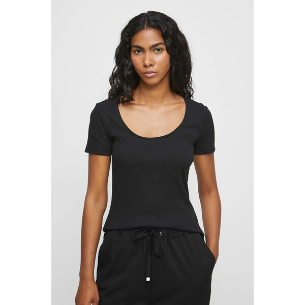 Medicine T-shirt bawełniany damski prążkowany z domieszką elastanu kolor czarny