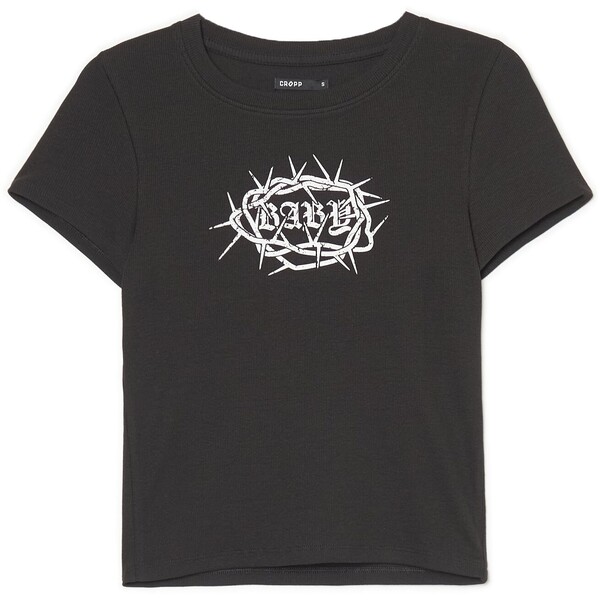 Cropp Czarny t-shirt crop z nadrukiem 2504S-99X