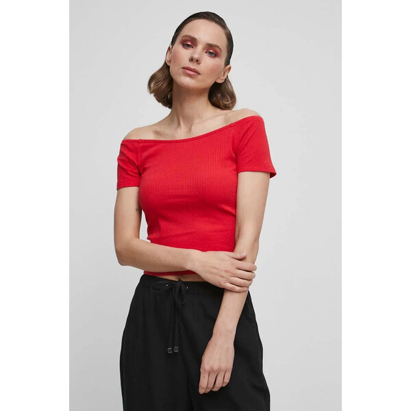 Medicine T-shirt bawełniany damskie prążkowany z domieszką elastanu kolor czerwony