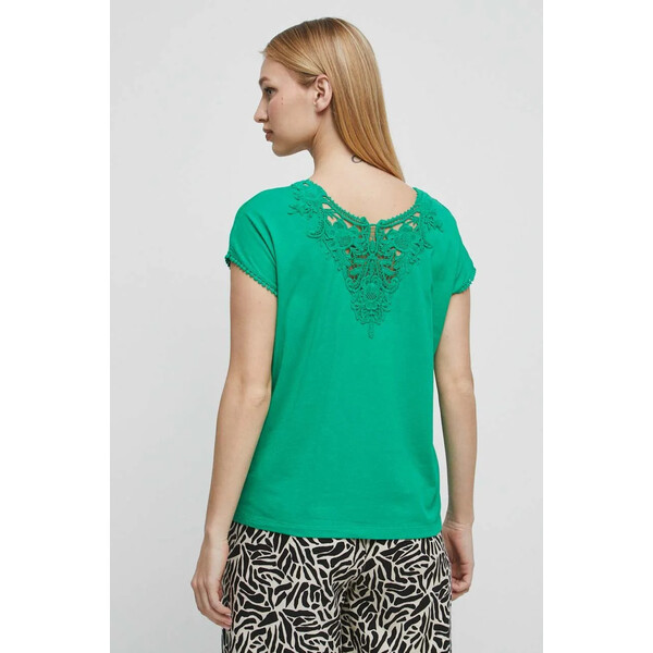 Medicine T-shirt bawełniany damski z ozdobną aplikacją z koronki kolor zielony
