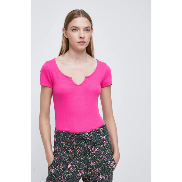 Medicine T-shirt bawełniany damski prążkowany z domieszką elastanu różowy