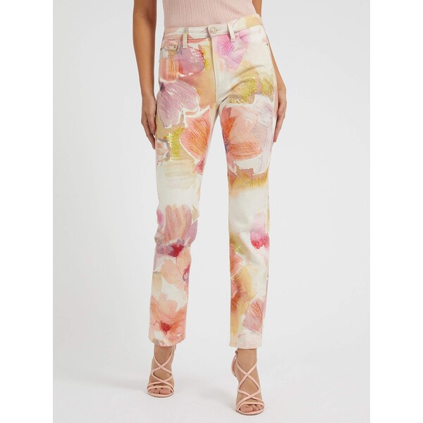GUESS denimowe spodnie w kwiatowy print W3YA16D4WG5-MTRF