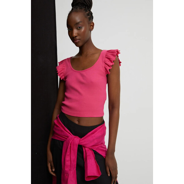 Medicine T-shirt bawełniany damski prążkowany z domieszką elastanu kolor różowy