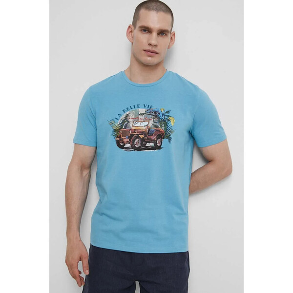 Medicine T-shirt bawełniany męski z nadrukiem z domieszką elastanu kolor turkusowy