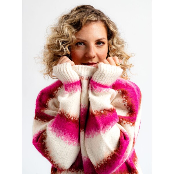 Orsay Różowo-kremowy sweter damski w paski z mieszanki wełny 507516317000