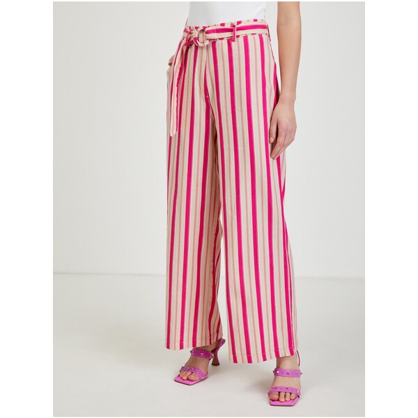 Orsay Różowe lniane spodnie damskie w paski 324319-98