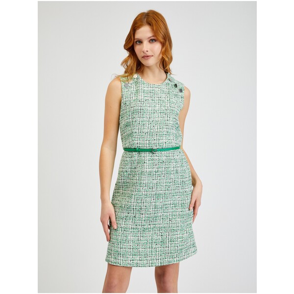 Orsay Zielona damska wzorzysta sukienka z paskiem 490459865000