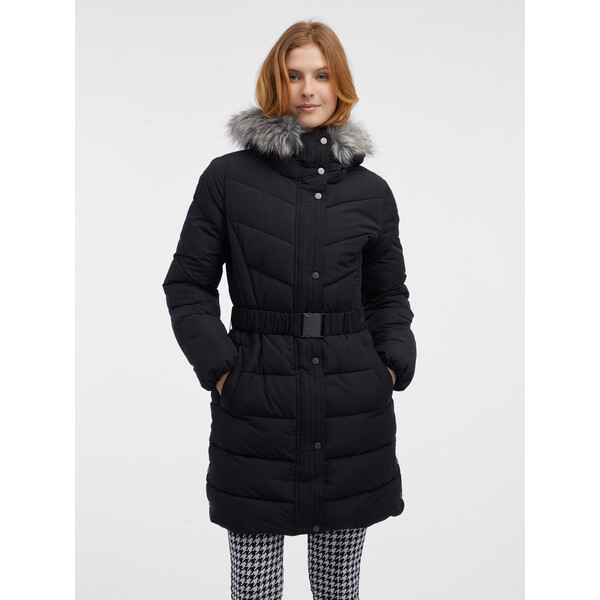 Orsay Czarny damski pikowany płaszcz ze sztucznym futrem 810081660000