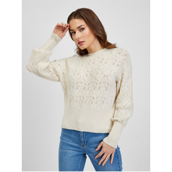Orsay Kremowy, wzorzysty sweter damski z bufiastymi rękawami 507485-044000