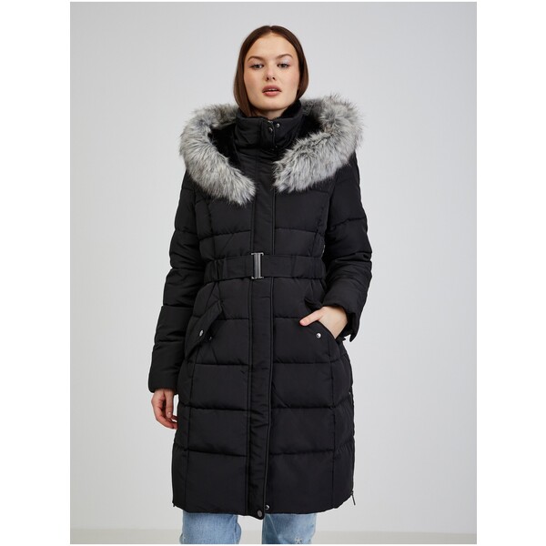 Orsay Czarny damski puchowy płaszcz zimowy z kapturem i sztucznym futrem 815029-660000