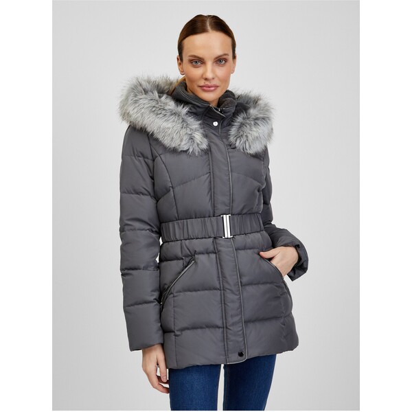 Orsay Ciemnoszara damska pikowana kurtka zimowa z paskiem 814014-659000