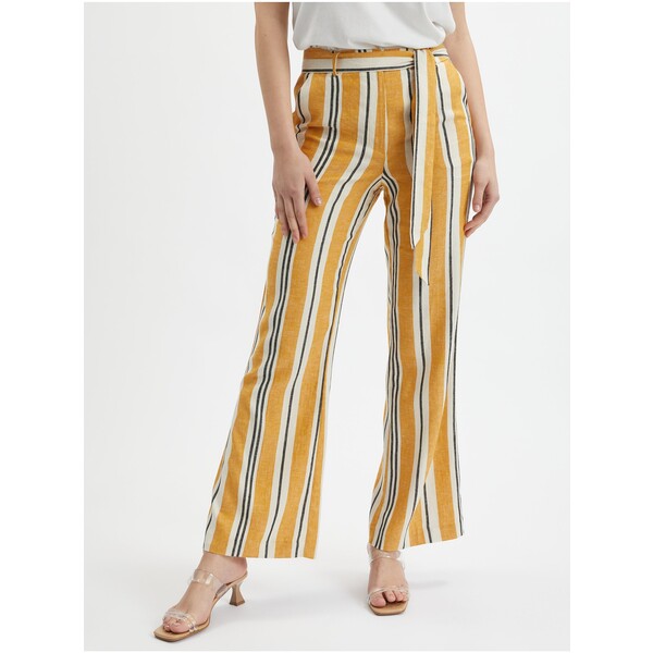 Orsay Pomarańczowe damskie lniane spodnie w paski 355042242000