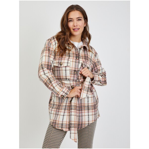 Orsay Różowo-kremowa damska kurtka koszulowa w kratę 482399-029000