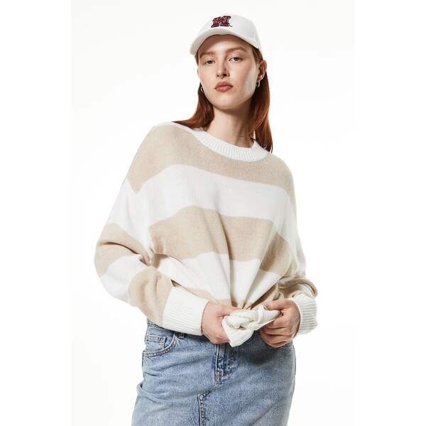 H&M Żakardowy sweter - Okrągły dekolt - Długi rękaw - 1161787005 Jasnobeżowy/Paski