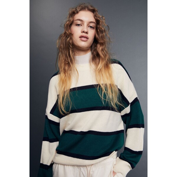 H&M Żakardowy sweter - Okrągły dekolt - Długi rękaw - 1161787005 Ciemnozielony/Paski