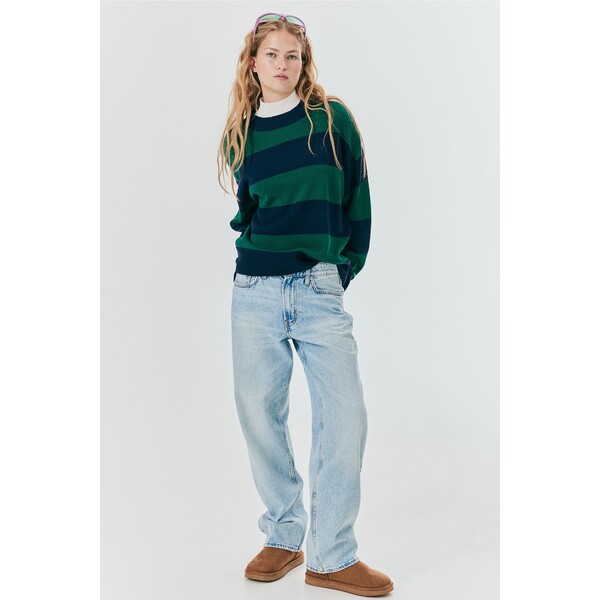 H&M Żakardowy sweter - Okrągły dekolt - Długi rękaw - 1161787005 Granatowy/Zielone paski