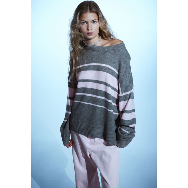 H&M Żakardowy sweter - Okrągły dekolt - Długi rękaw - 1161787005 Szary melanż/Paski