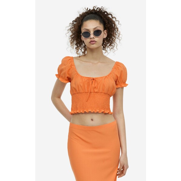 H&M Elastycznie marszczona bluzka z bufkami - 1134791007 Pomarańczowy