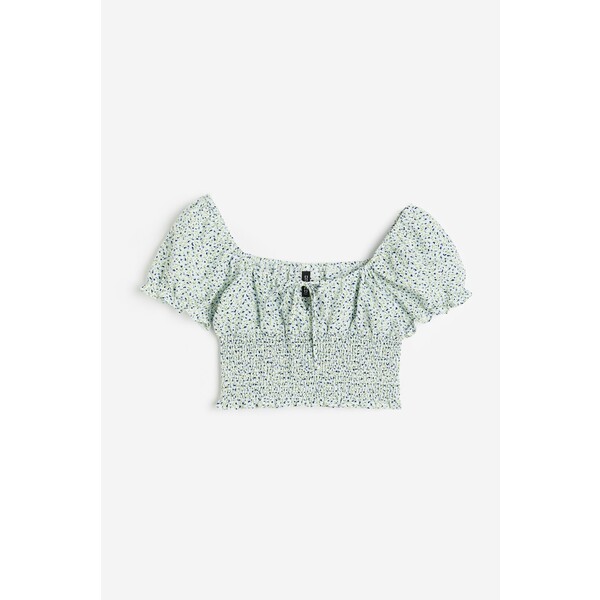 H&M Elastycznie marszczona bluzka z bufkami - Dekolt baleriny - Krótki rekaw - 1134791003 Zielony/Niebieskie kwiaty