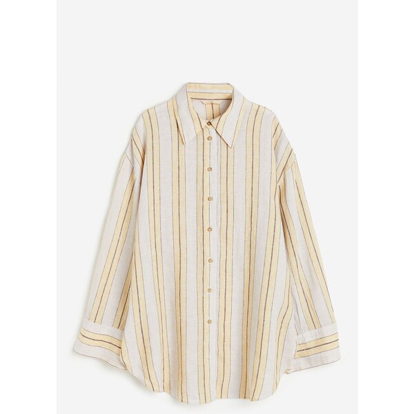 H&M Lniana koszula - Długi rękaw - Długa - 1063184005 Bladożółty/Paski