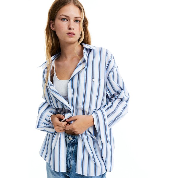 H&M Popelinowa koszula oversize - Długi rękaw - Długa - 1134735002 Biały/Paski