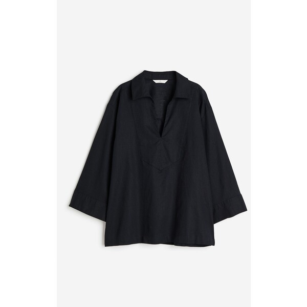 H&M Tunikowa koszula z domieszką lnu - Rękawy 3/4 - Normalna długość - 1143708002 Czarny