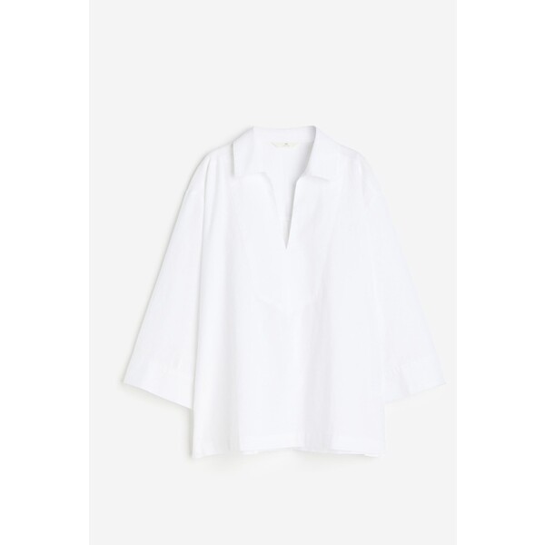 H&M Tunikowa koszula z domieszką lnu - Rękawy 3/4 - Normalna długość - 1143708002 Biały
