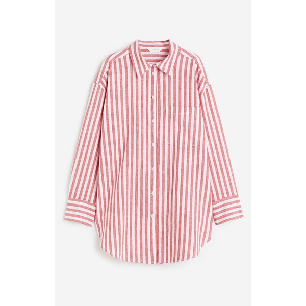 H&M Koszula z domieszką lnu - Długi rękaw - Długa - 1122105004 Czerwony/Paski