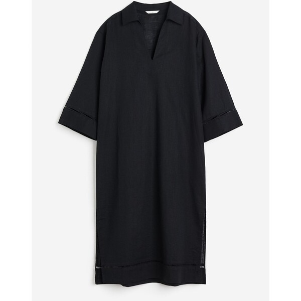H&M Tunikowa sukienka z domieszką lnu - Rękawy 3/4 - Midi - 1143731002 Czarny