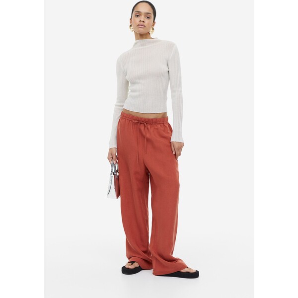 H&M Spodnie bez zapięcia z domieszką lnu - 1138003002 Ceglastoczerwony