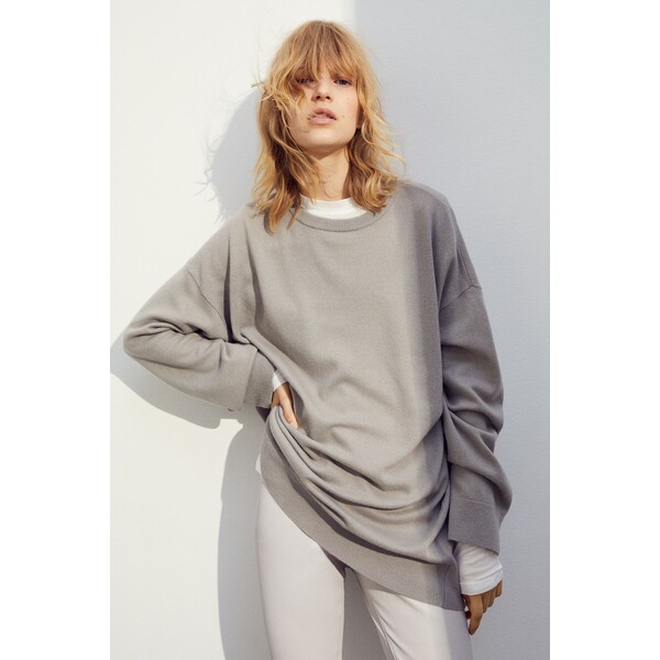 H&M Obszerny sweter kaszmirowy - Okrągły dekolt - Długi rękaw - 0786978022 Szary