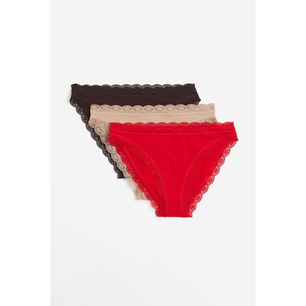 H&M Figi bikini z koronką 3-pak - 1137743002 Ciemnobrązowy/Beżowy/Czerwony