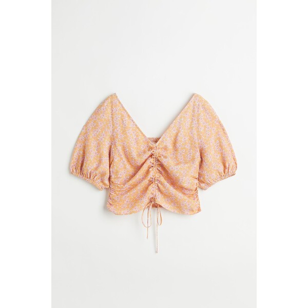 H&M Bluzka ściągana tasiemką - Dekolt w serek - Krótki rekaw - 1066905001 Light orange/Small flowers