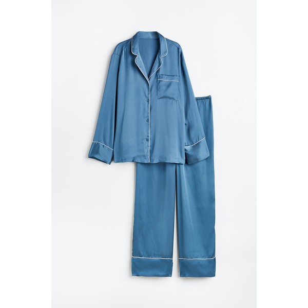 H&M Satynowa piżama z koszulą i spodniami - 1135056017 Niebieski