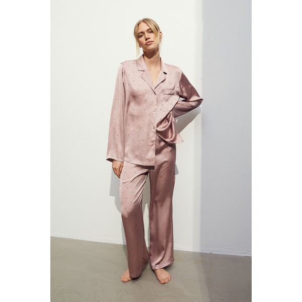 H&M Satynowa piżama z koszulą i spodniami - 1135056004 Różowy/Kropki