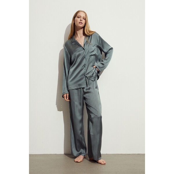 H&M Satynowa piżama z koszulą i spodniami - 1135056004 Zielony/Paski