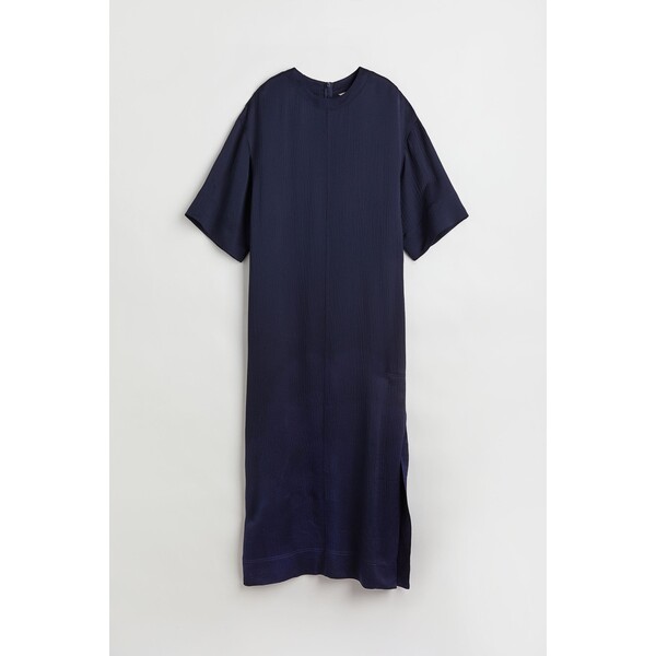 H&M Długa sukienka z domieszką jedwabiu - Okrągły dekolt - Krótki rekaw - 1077014002 Ciemnoniebieski