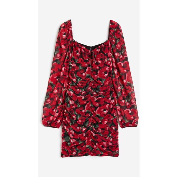 H&M Marszczona sukienka z siateczki - 1137050004 Czerwony/Kwiaty